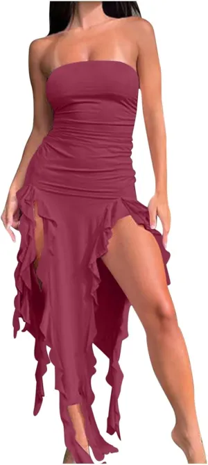 Women's Fashion Dresses Strapless Sexy Wrap Summer Casual Dress Solid Beach Vacation Maxi Bodycon Dresses