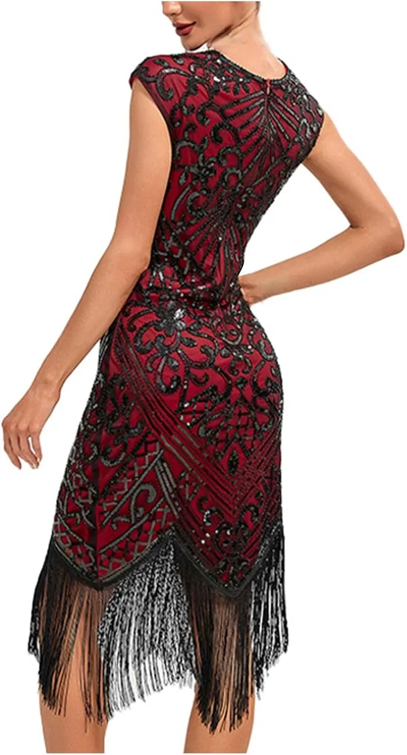 Women's Flapper Dresses 1920s Beaded Fringed Great Gatsby Dress Sequin Sparkly Sleeveless Club Night Prom Party Dress