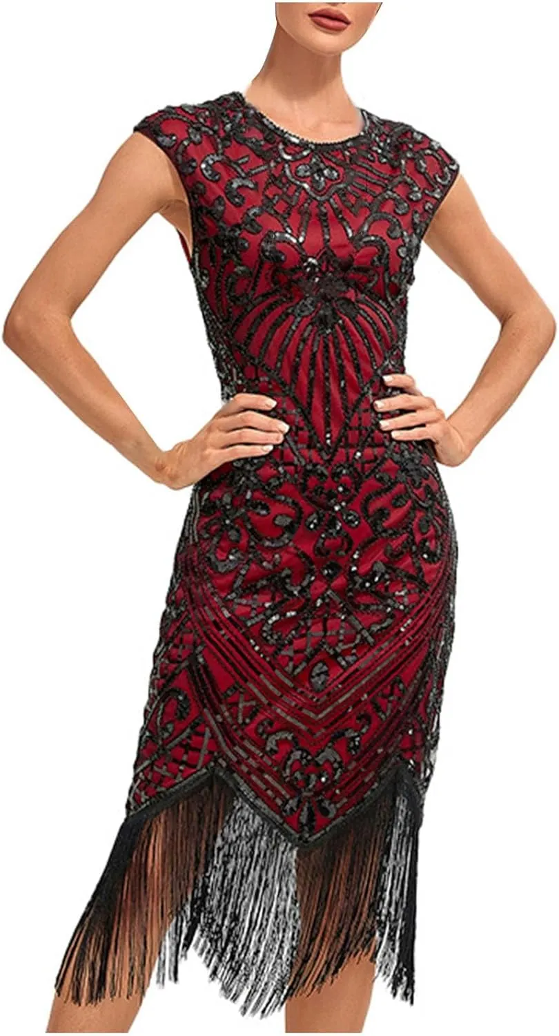 Women's Flapper Dresses 1920s Beaded Fringed Great Gatsby Dress Sequin Sparkly Sleeveless Club Night Prom Party Dress