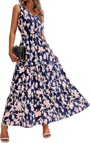 Women's Floral Dress V-Neck Sleeveless Print Flowy Swing Maxi Dresses Summer A Line Elastic Waist Elegant Dress