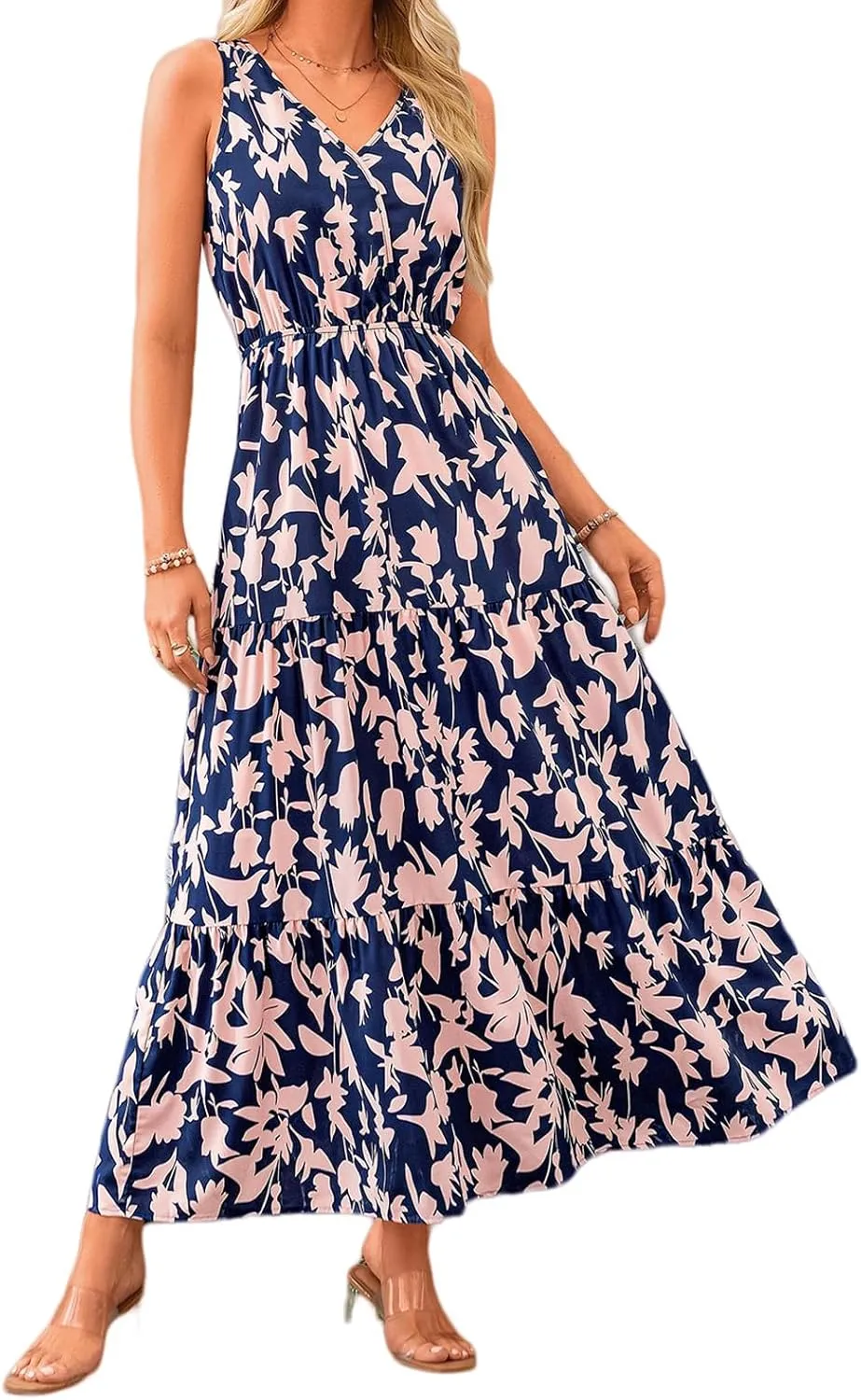 Women's Floral Dress V-Neck Sleeveless Print Flowy Swing Maxi Dresses Summer A Line Elastic Waist Elegant Dress