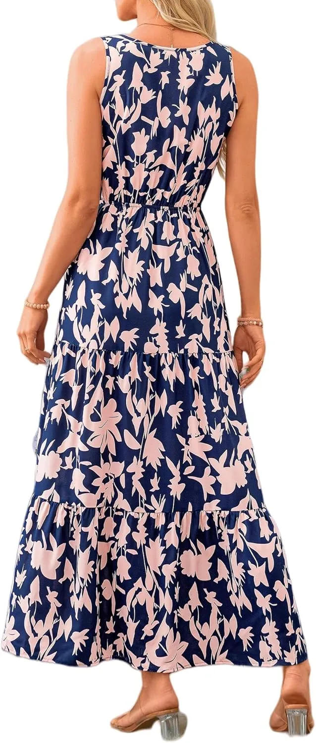 Women's Floral Dress V-Neck Sleeveless Print Flowy Swing Maxi Dresses Summer A Line Elastic Waist Elegant Dress