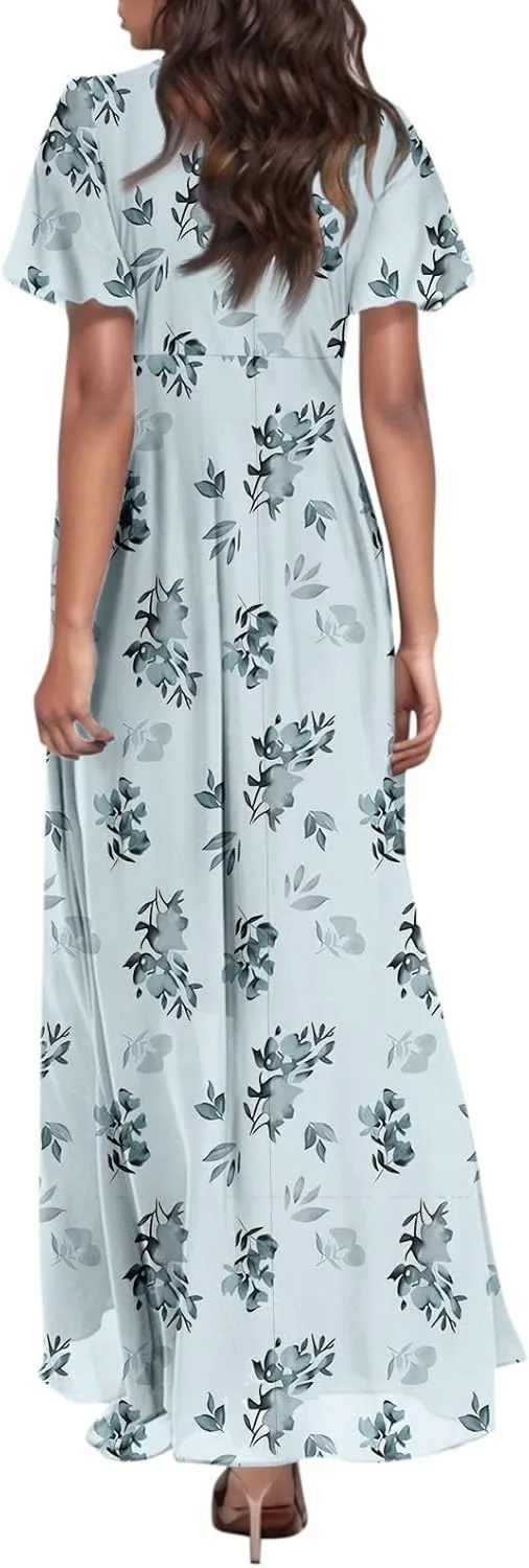 Women's Floral Print Chiffon Dress - Blue, Size S, Midi Length, Spring/Summer