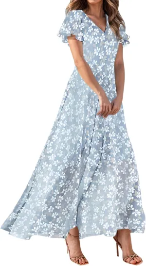Women's Floral Print Chiffon Dress - Blue, Size S, Midi Length, Spring/Summer