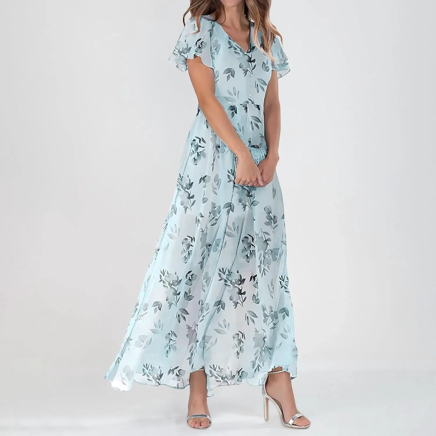 Women's Floral Print Chiffon Dress - Blue, Size S, Midi Length, Spring/Summer