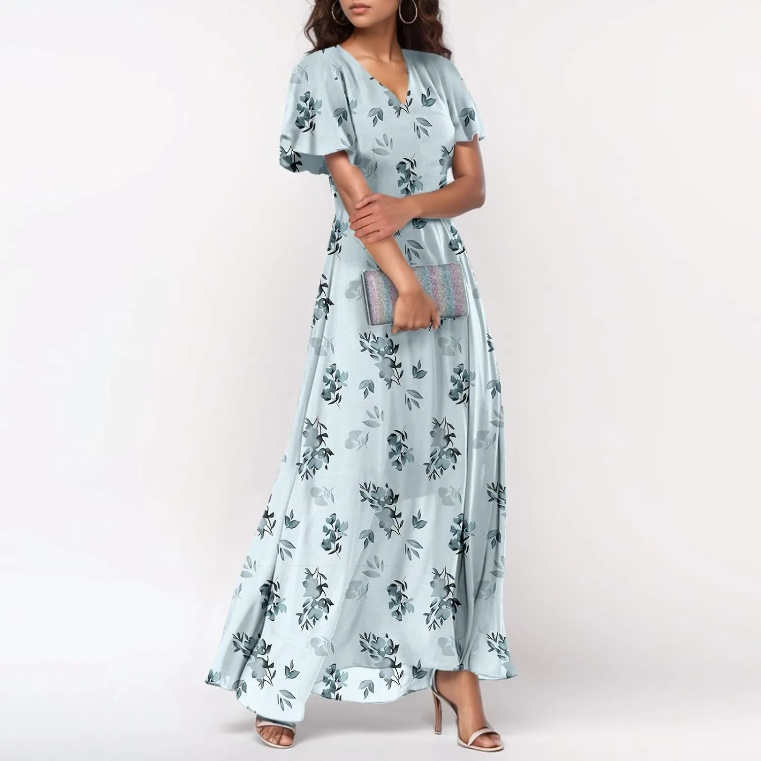 Women's Floral Print Chiffon Dress - Blue, Size S, Midi Length, Spring/Summer