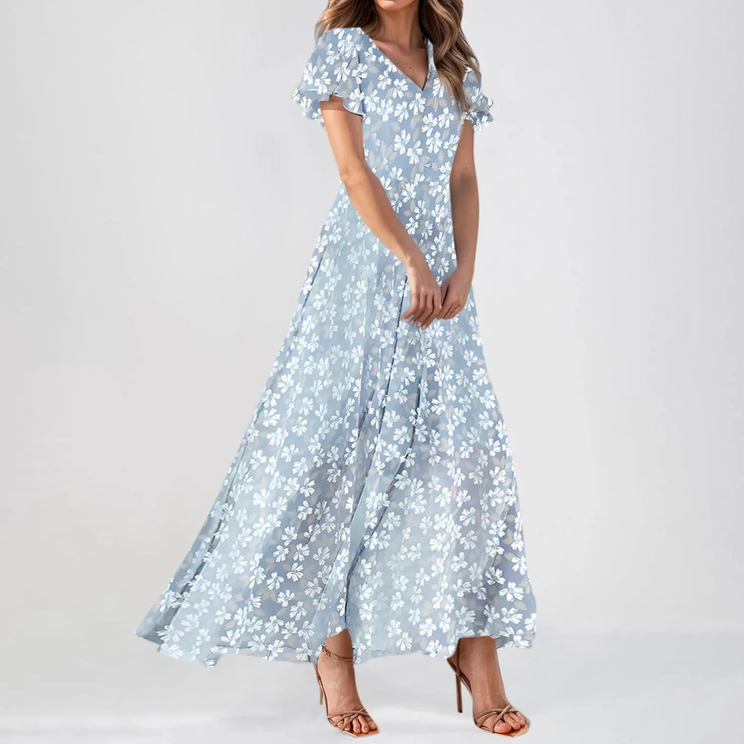 Women's Floral Print Chiffon Dress - Blue, Size S, Midi Length, Spring/Summer