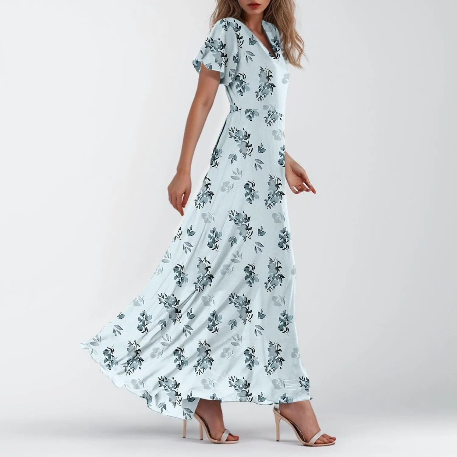 Women's Floral Print Chiffon Dress - Blue, Size S, Midi Length, Spring/Summer