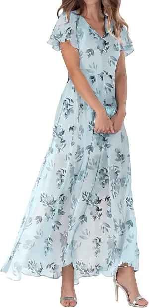 Women's Floral Print Chiffon Dress - Blue, Size S, Midi Length, Spring/Summer