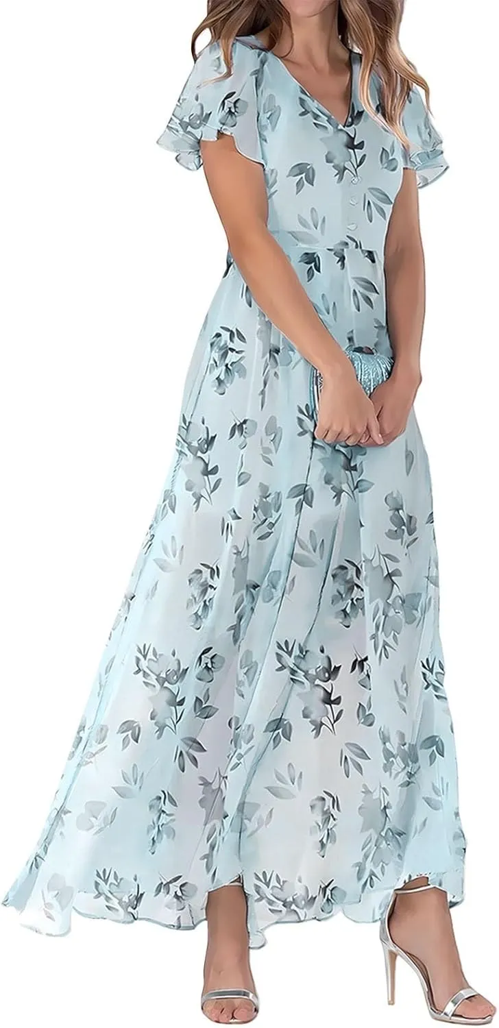 Women's Floral Print Chiffon Dress - Blue, Size S, Midi Length, Spring/Summer