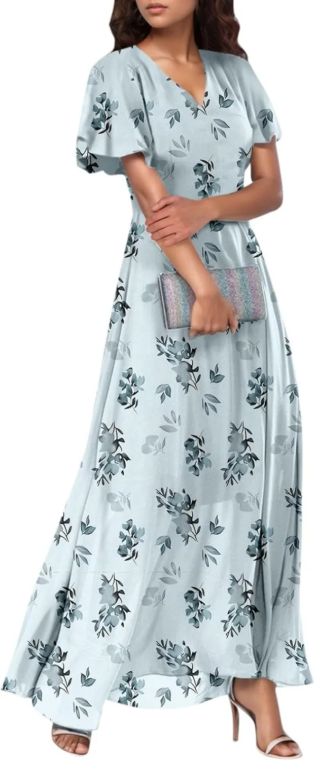 Women's Floral Print Chiffon Dress - Blue, Size S, Midi Length, Spring/Summer