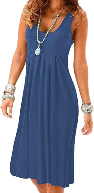 Women's Floral Print Swing Tank Dress Crew Neck Cinched Waist Sundress Lightweight Dressy Midi Dresses