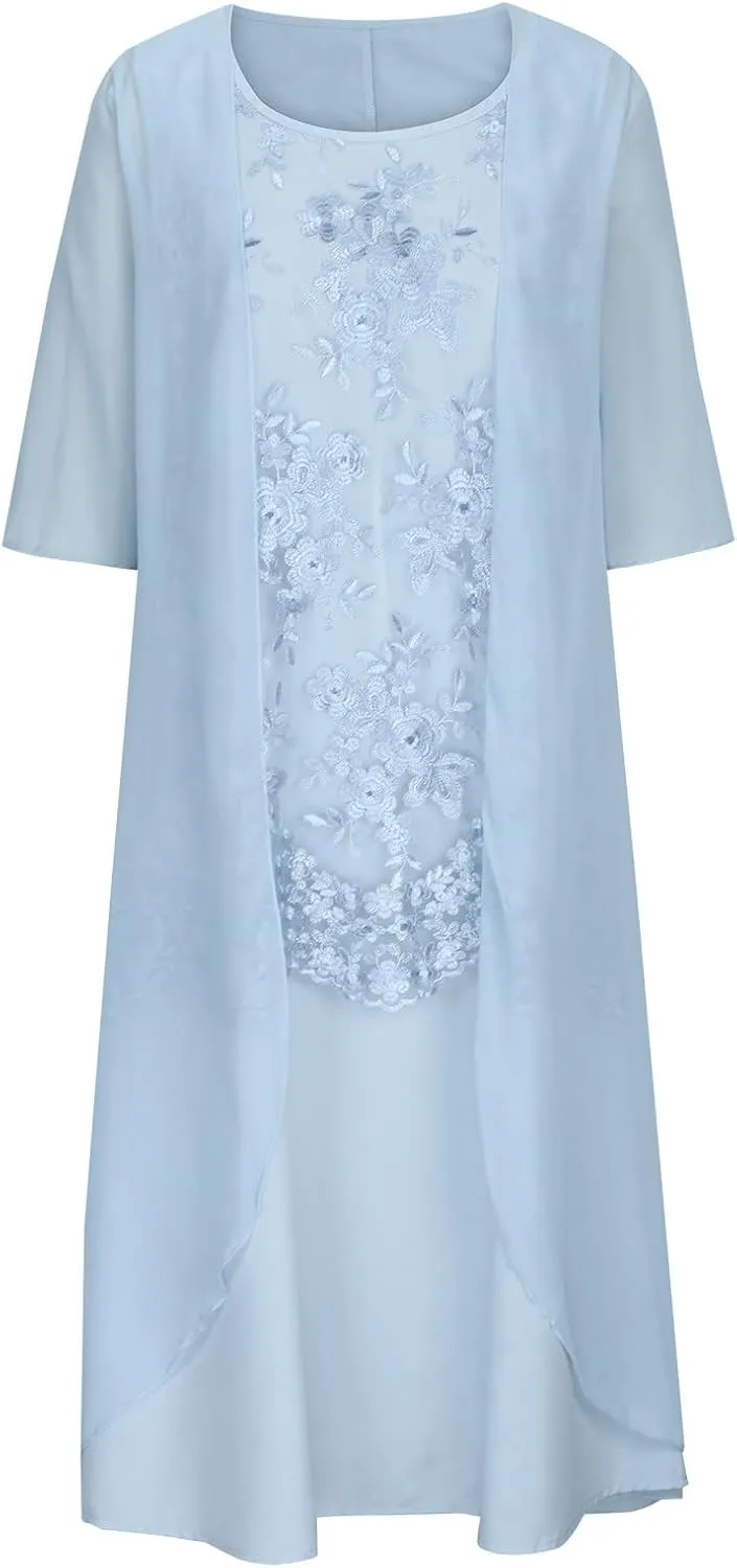 Womens Flowy Floral Dresses with Jacket 2 Piece Set 3/4 Sleeve Sheer Chiffon Summer Cocktail Wedding Guest Dress