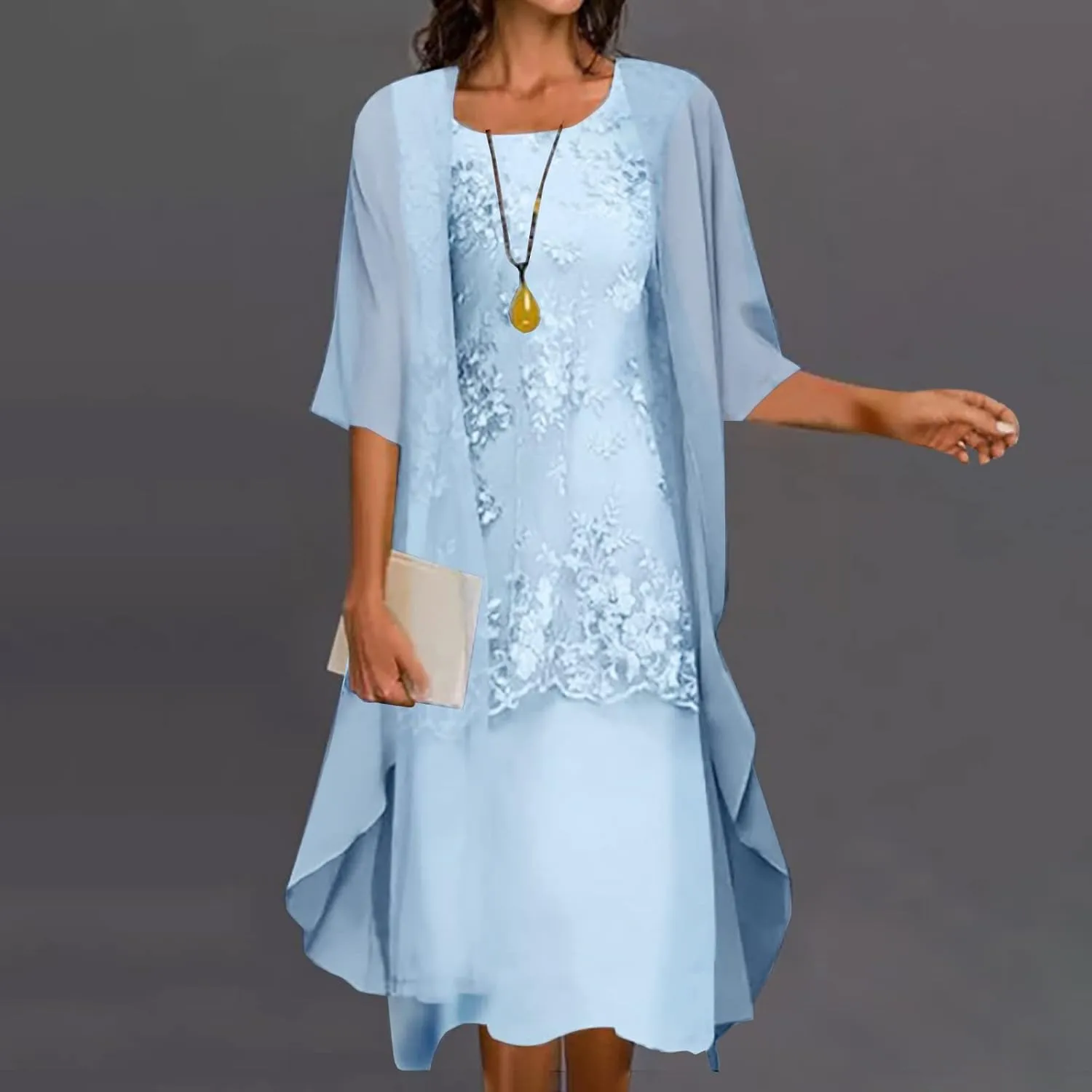 Womens Flowy Floral Dresses with Jacket 2 Piece Set 3/4 Sleeve Sheer Chiffon Summer Cocktail Wedding Guest Dress