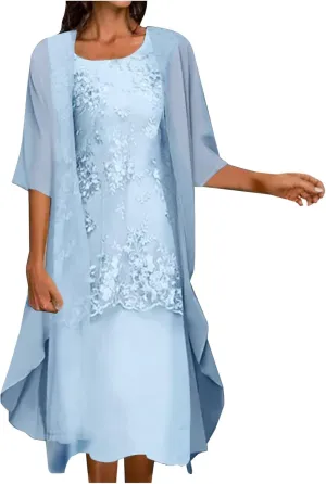 Womens Flowy Floral Dresses with Jacket 2 Piece Set 3/4 Sleeve Sheer Chiffon Summer Cocktail Wedding Guest Dress