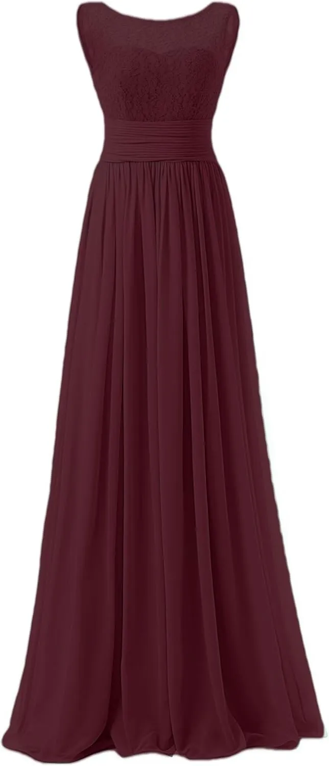 Women's Formal Crew Neck Bridesmaid Dresses Long Evening Dress A-Line Chiffon Lace Party Gowns