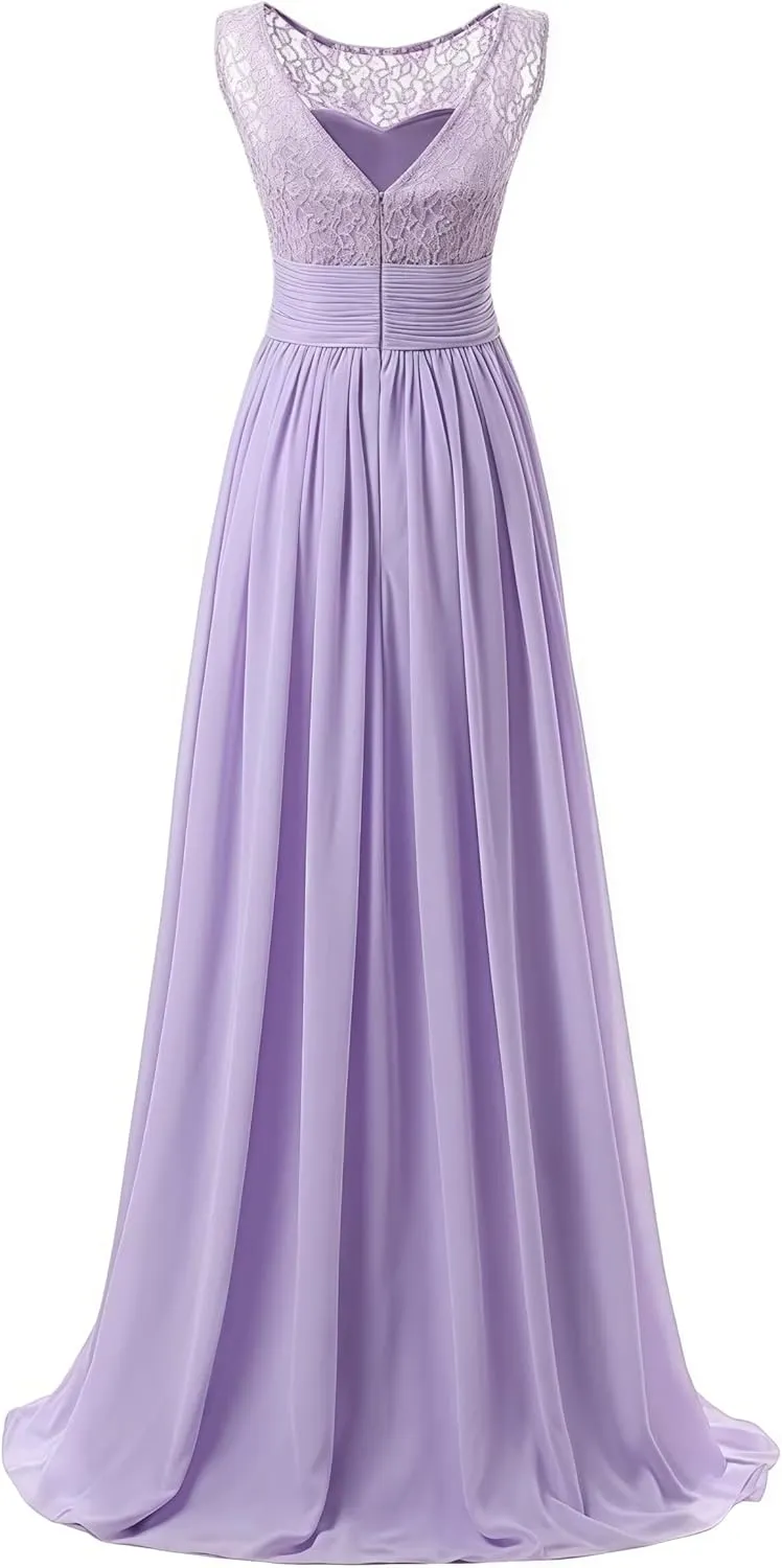 Women's Formal Crew Neck Bridesmaid Dresses Long Evening Dress A-Line Chiffon Lace Party Gowns