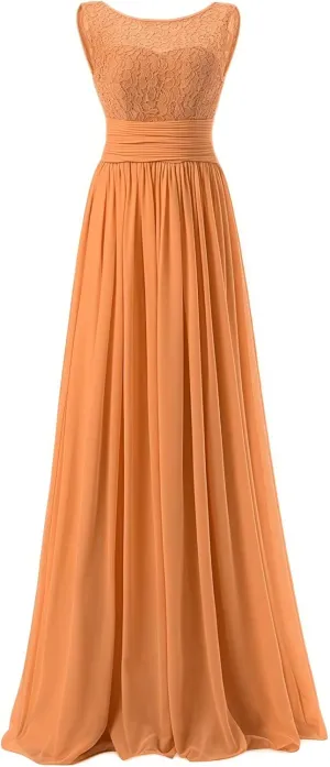 Women's Formal Crew Neck Bridesmaid Dresses Long Evening Dress A-Line Chiffon Lace Party Gowns
