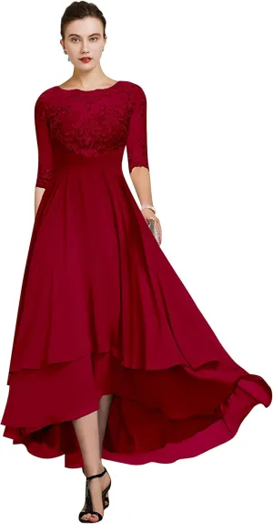 Women's Half Sleeves Mother of The Bride Dresses High Low Lace Chiffon Formal Party Gown
