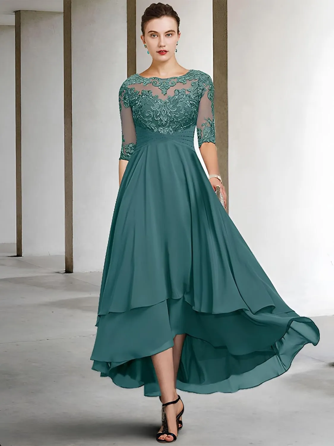 Women's Half Sleeves Mother of The Bride Dresses High Low Lace Chiffon Formal Party Gown