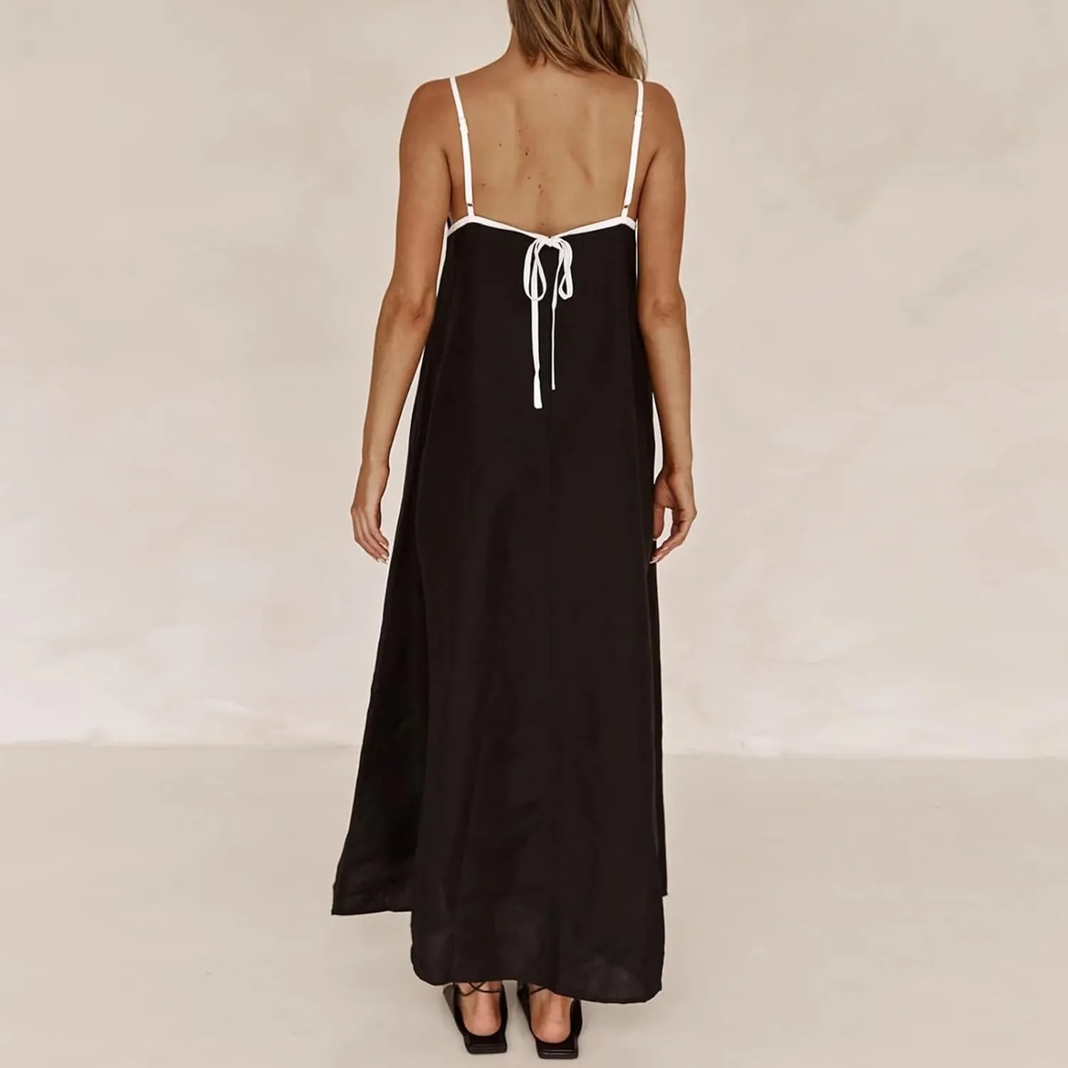 Womens Linen Maxi Dress Contrast Trim Spaghetti Straps Summer Outfits Travel Vacation Sleeveless Long Dresses