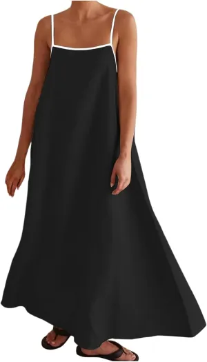 Womens Linen Maxi Dress Contrast Trim Spaghetti Straps Summer Outfits Travel Vacation Sleeveless Long Dresses