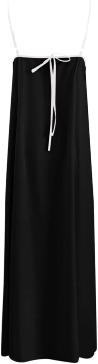 Womens Linen Maxi Dress Contrast Trim Spaghetti Straps Summer Outfits Travel Vacation Sleeveless Long Dresses