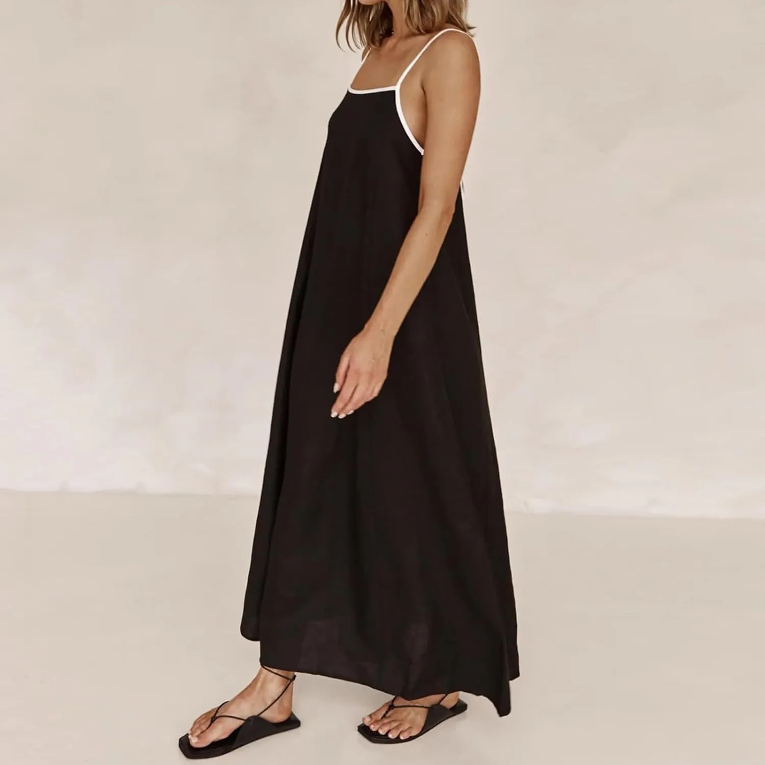 Womens Linen Maxi Dress Contrast Trim Spaghetti Straps Summer Outfits Travel Vacation Sleeveless Long Dresses