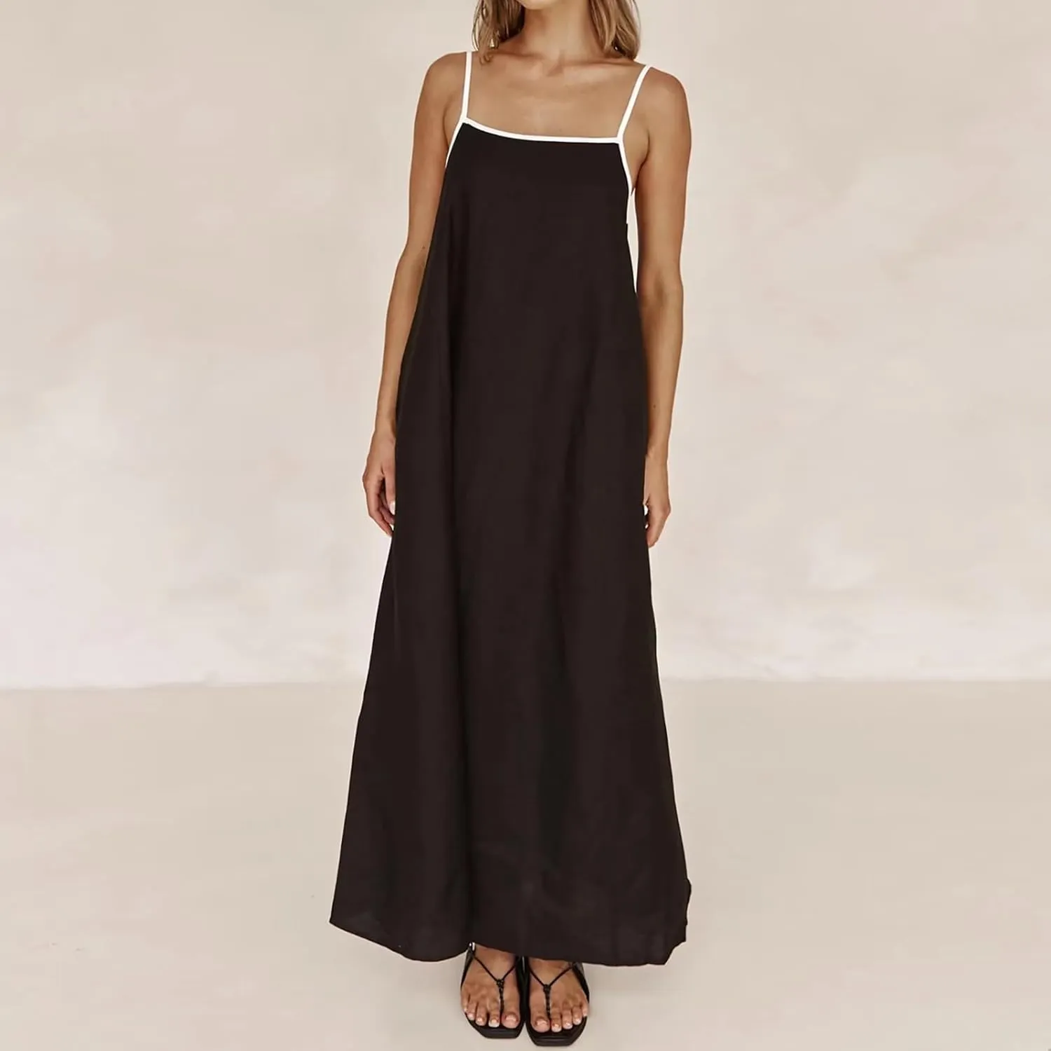 Womens Linen Maxi Dress Contrast Trim Spaghetti Straps Summer Outfits Travel Vacation Sleeveless Long Dresses