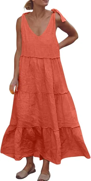 Womens Linen Maxi Dresses Spaghetti Strap V Neck Ruffle Tiered Summer Beach Dress Boho Flowy A Line Plus Size Sundress