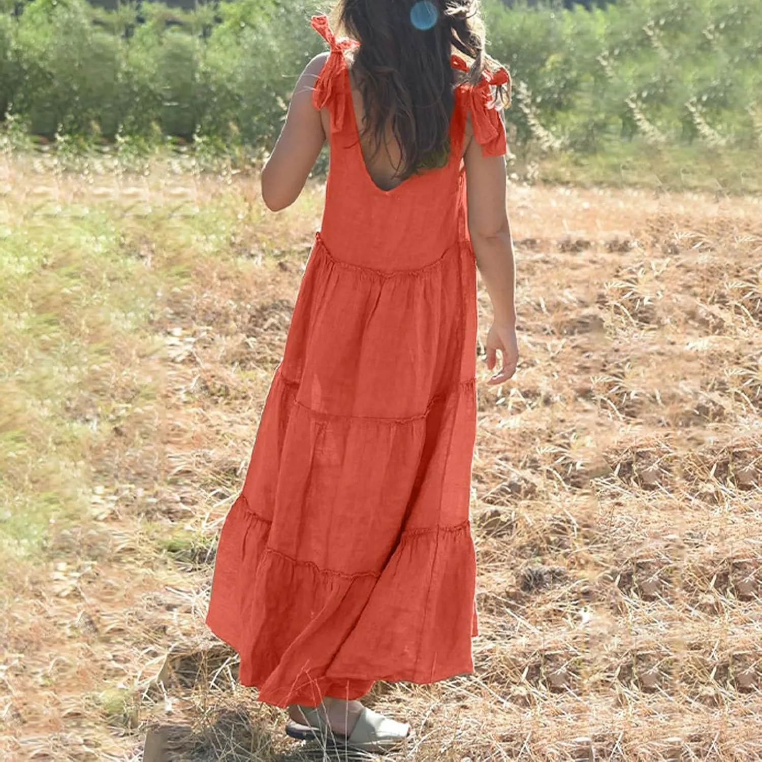 Womens Linen Maxi Dresses Spaghetti Strap V Neck Ruffle Tiered Summer Beach Dress Boho Flowy A Line Plus Size Sundress