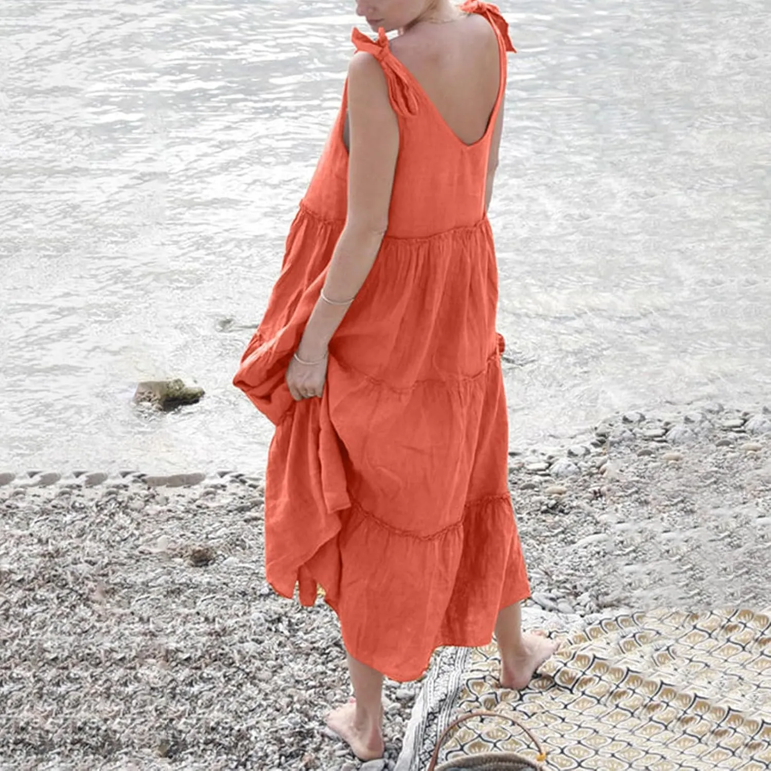 Womens Linen Maxi Dresses Spaghetti Strap V Neck Ruffle Tiered Summer Beach Dress Boho Flowy A Line Plus Size Sundress