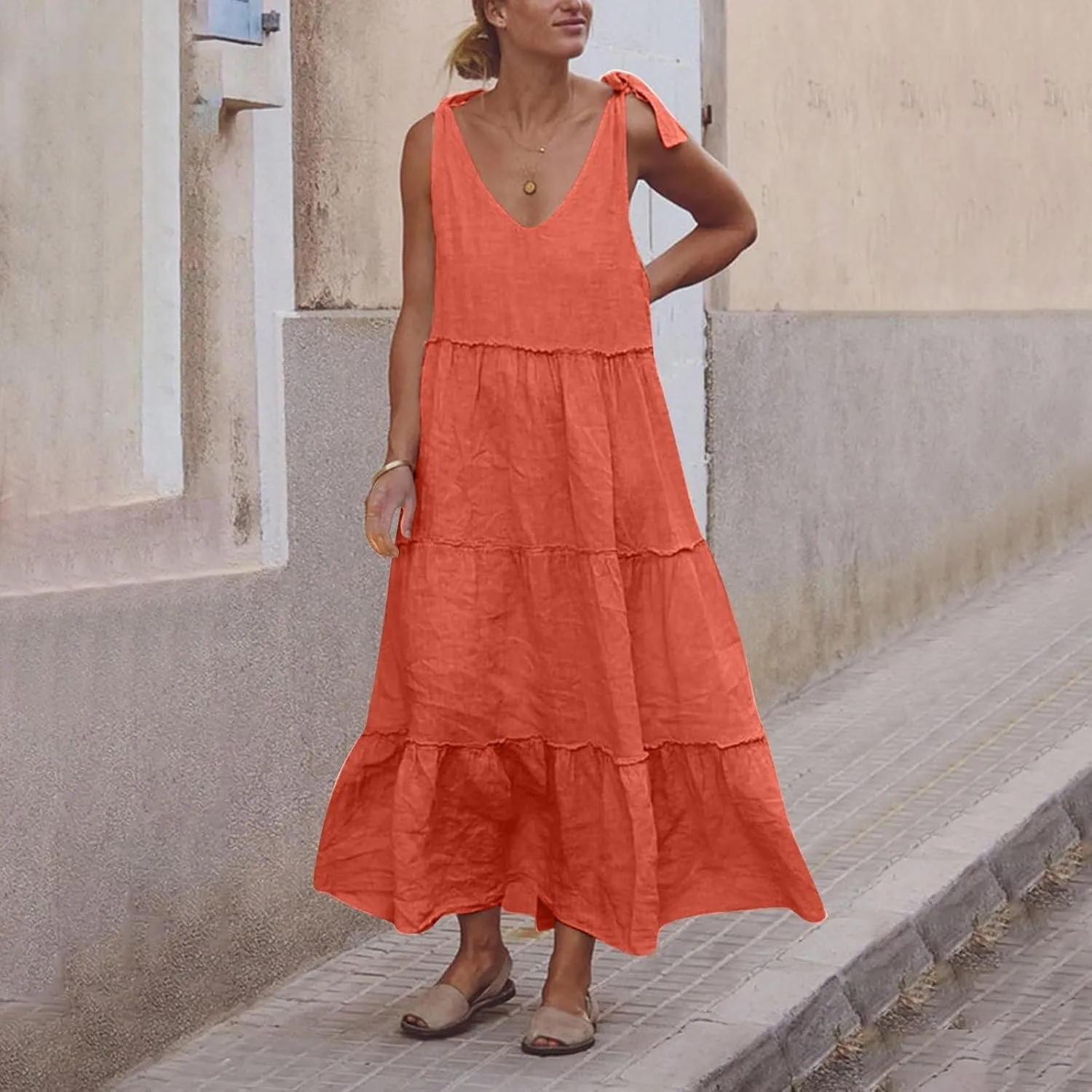 Womens Linen Maxi Dresses Spaghetti Strap V Neck Ruffle Tiered Summer Beach Dress Boho Flowy A Line Plus Size Sundress