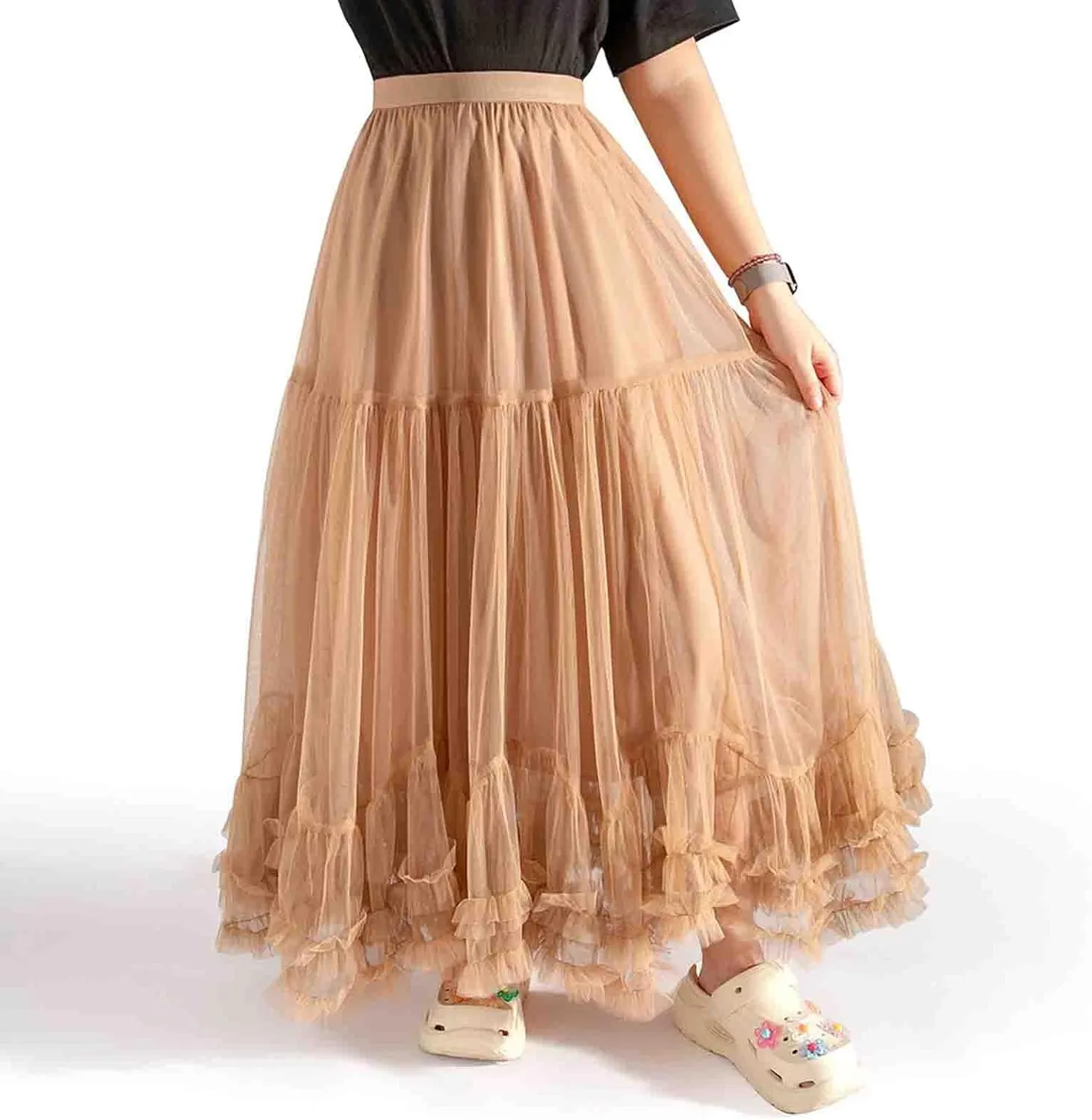 Women's Long Midi Chiffon Skirt A-line Pleated high Waisted Layered mesh 3D Skirt