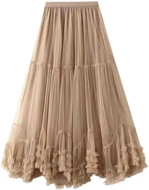 Women's Long Midi Chiffon Skirt A-line Pleated high Waisted Layered mesh 3D Skirt