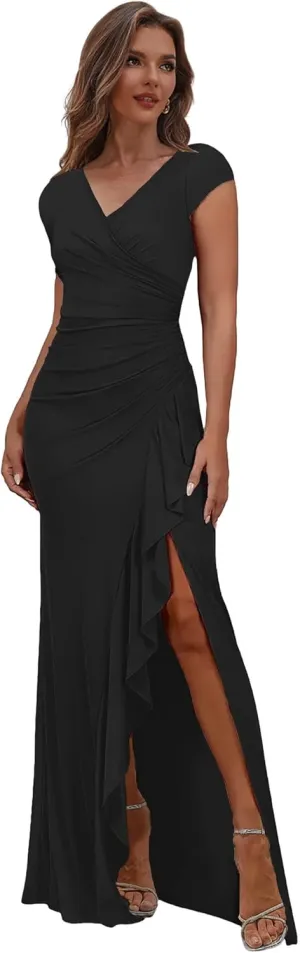 Women's Long Mother of The Bride Dresses for Wedding Pleated Chiffon Mermaid Formal Evening Dress with Sleeves