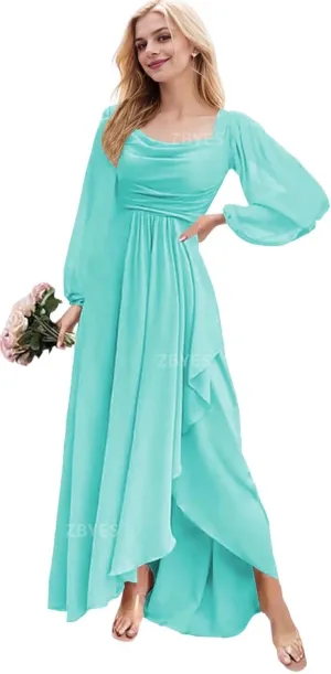 Women's Long Sleeve Bridesmaid Dress for Wedding Chiffon Cowl Neck Ruffle Prom Dress High Low Evening Gowns with Slit