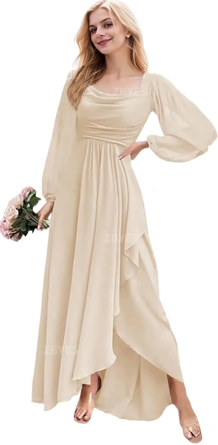 Women's Long Sleeve Bridesmaid Dress for Wedding Chiffon Cowl Neck Ruffle Prom Dress High Low Evening Gowns with Slit