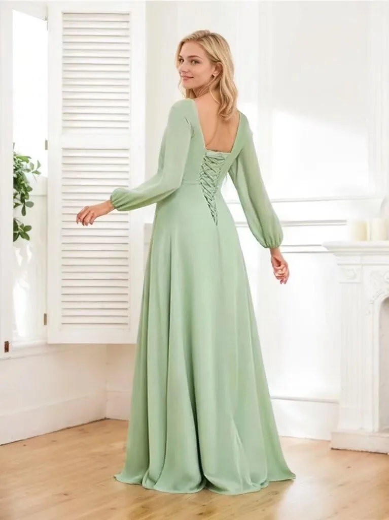 Women's Long Sleeve Bridesmaid Dress for Wedding Chiffon Cowl Neck Ruffle Prom Dress High Low Evening Gowns with Slit