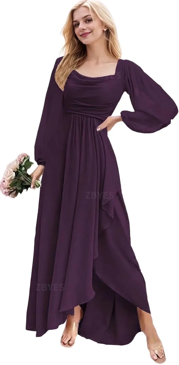 Women's Long Sleeve Bridesmaid Dress for Wedding Chiffon Cowl Neck Ruffle Prom Dress High Low Evening Gowns with Slit