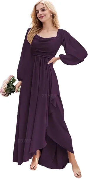 Women's Long Sleeve Bridesmaid Dress for Wedding Chiffon Cowl Neck Ruffle Prom Dress High Low Evening Gowns with Slit