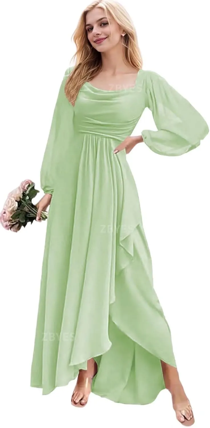 Women's Long Sleeve Bridesmaid Dress for Wedding Chiffon Cowl Neck Ruffle Prom Dress High Low Evening Gowns with Slit