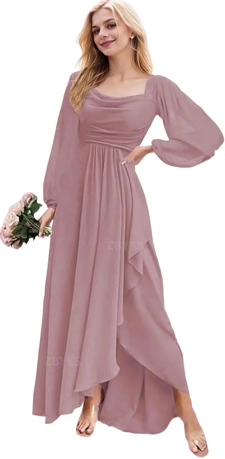 Women's Long Sleeve Bridesmaid Dress for Wedding Chiffon Cowl Neck Ruffle Prom Dress High Low Evening Gowns with Slit