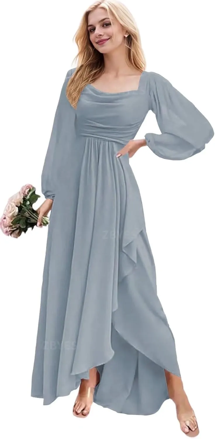 Women's Long Sleeve Bridesmaid Dress for Wedding Chiffon Cowl Neck Ruffle Prom Dress High Low Evening Gowns with Slit