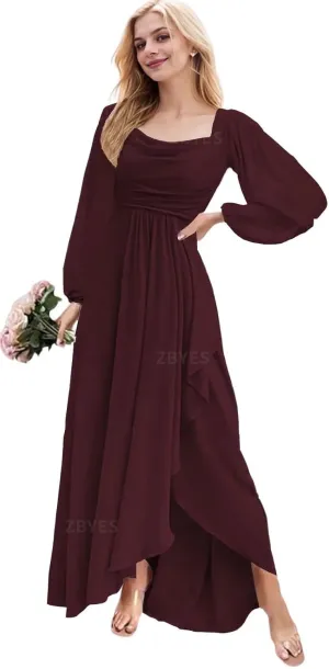 Women's Long Sleeve Bridesmaid Dress for Wedding Chiffon Cowl Neck Ruffle Prom Dress High Low Evening Gowns with Slit