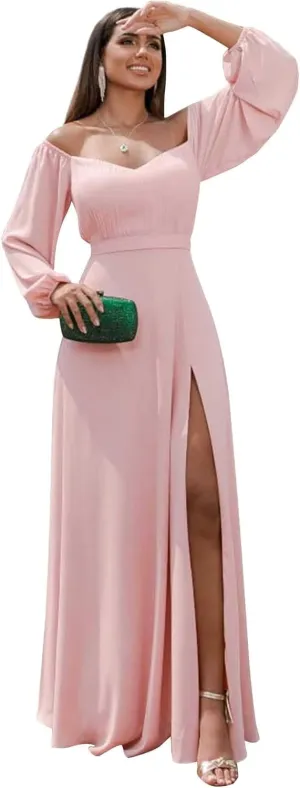 Women's Long Sleeve Bridesmaid Dresses for Wedding V Neck Off Shoulder A Line Chiffon Formal Evening Party Dresses