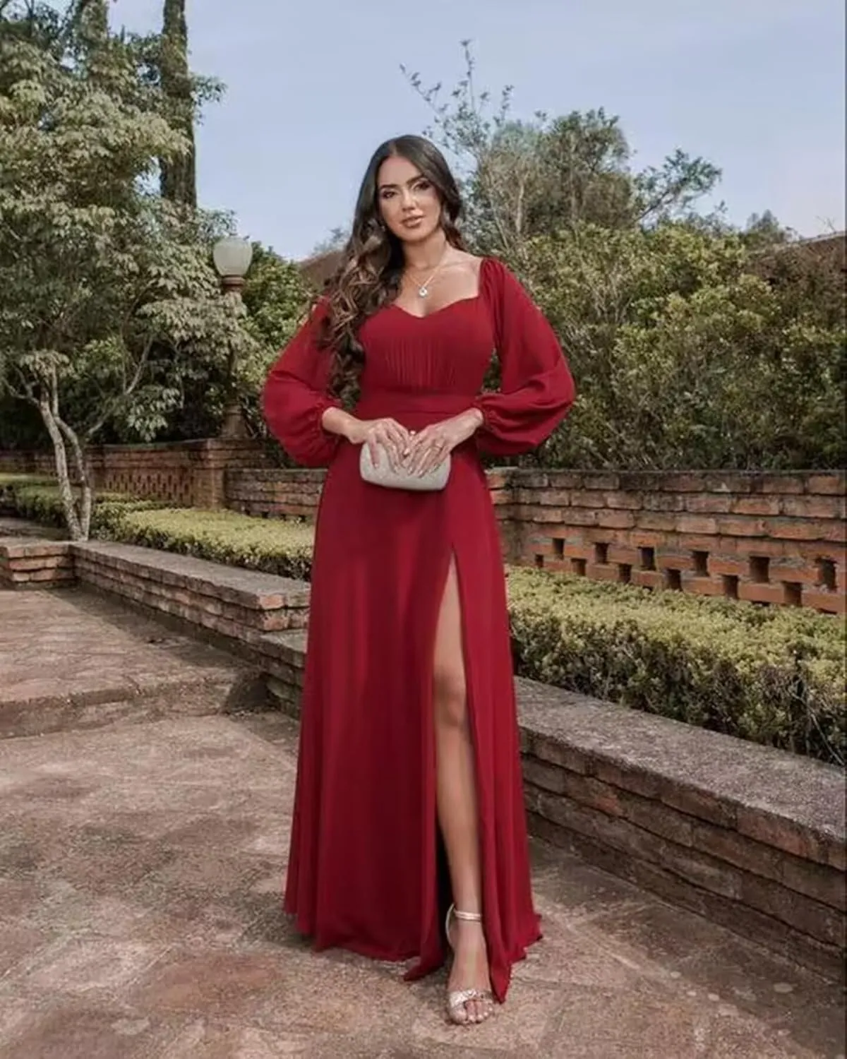 Women's Long Sleeve Bridesmaid Dresses for Wedding V Neck Off Shoulder A Line Chiffon Formal Evening Party Dresses