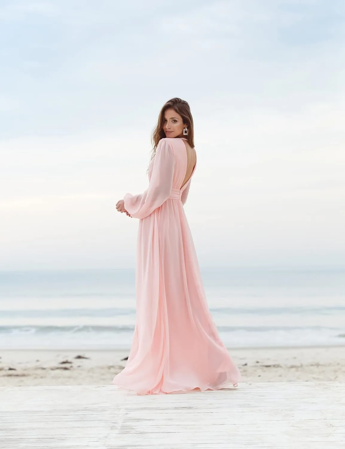 Women's Long Sleeve Bridesmaid Dresses with Slit Long Pleated Formal Evening Party Gown