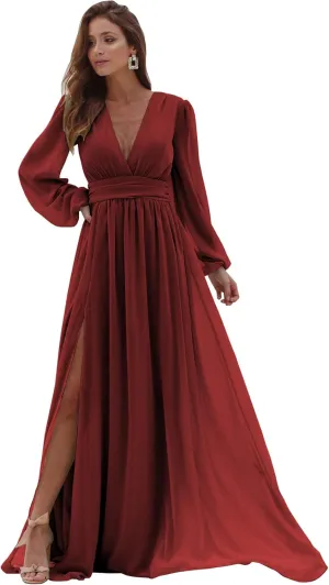 Women's Long Sleeve Bridesmaid Dresses with Slit Long Pleated Formal Evening Party Gown