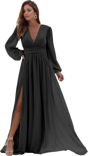 Women's Long Sleeve Bridesmaid Dresses with Slit Long Pleated Formal Evening Party Gown